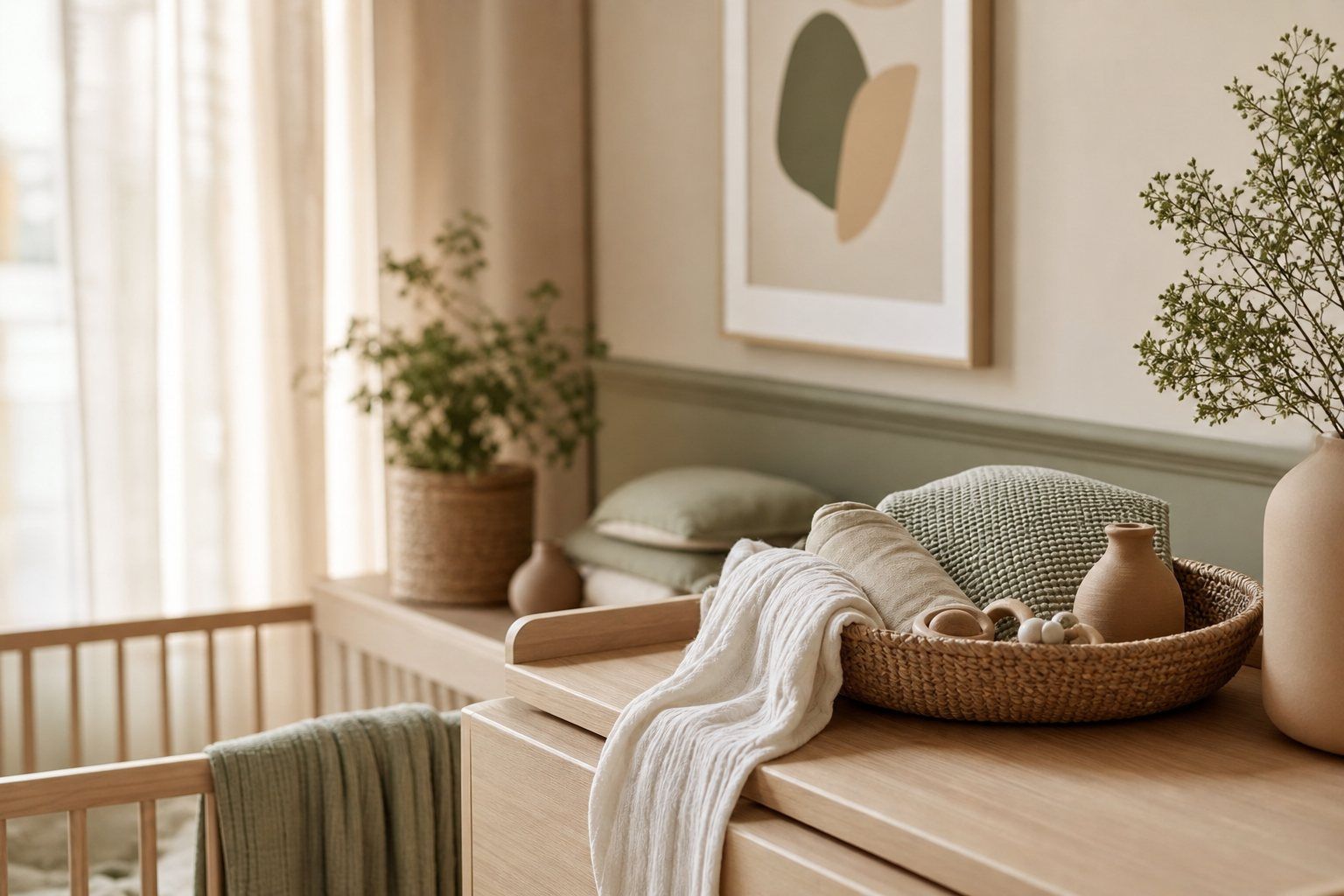 Chambre de bébé douce, sobre et bien organisée